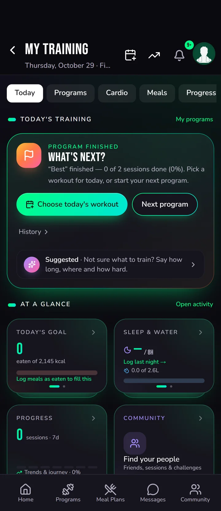 The My Training screen in the AtgoraX app: today's training card with a suggested workout, then today's goal, sleep and water, progress and community at a glance.