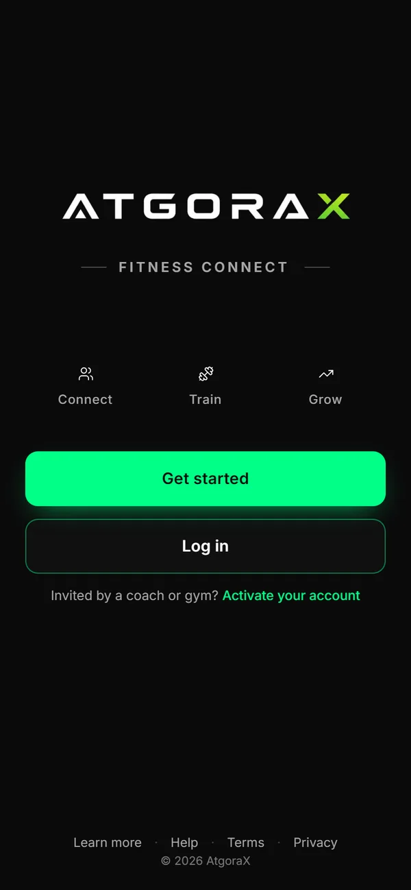 AtgoraX open in a phone browser: the AtgoraX logo, Connect, Train, Grow, and the Get started and Log in buttons