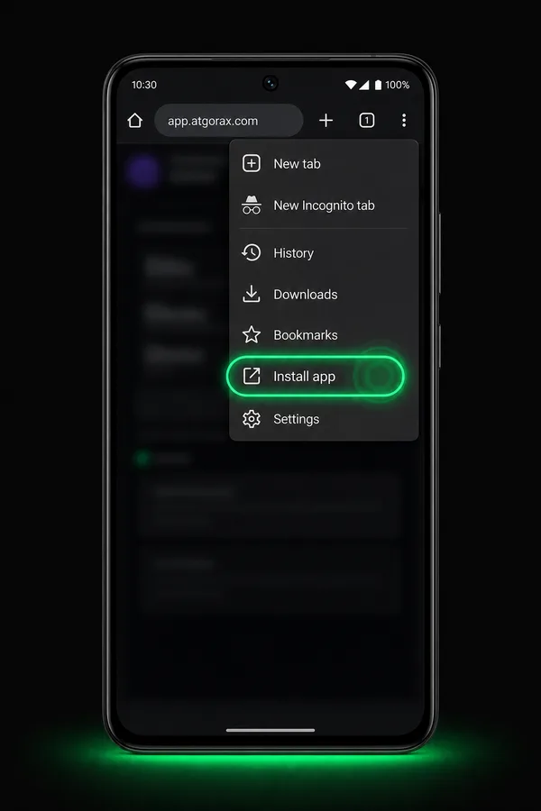 Chrome on an Android phone with the menu open and Install app highlighted
